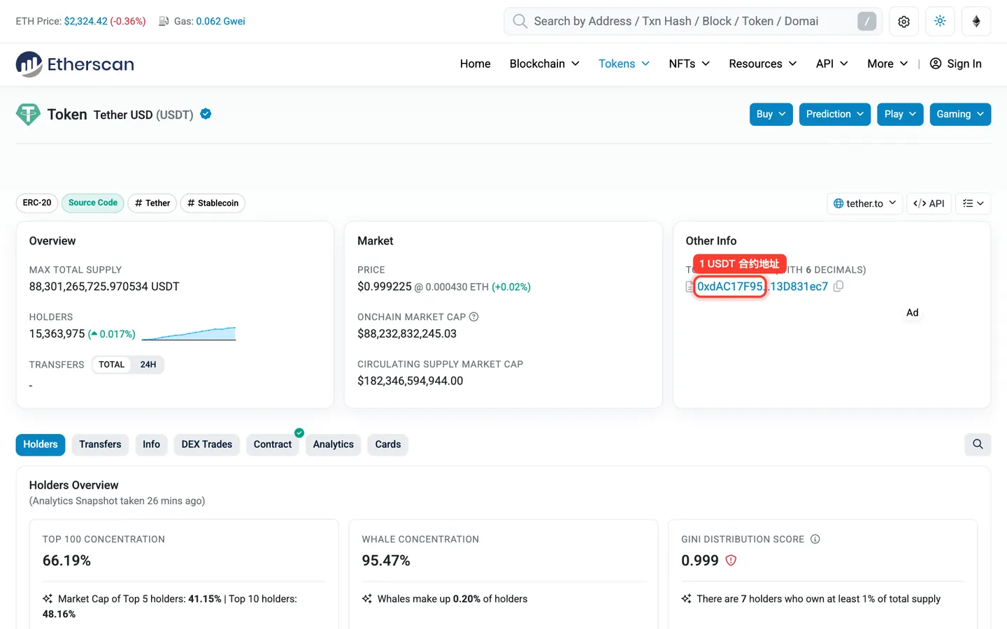 Etherscan 上的 USDT(ERC-20)代币页面,标注了合约地址