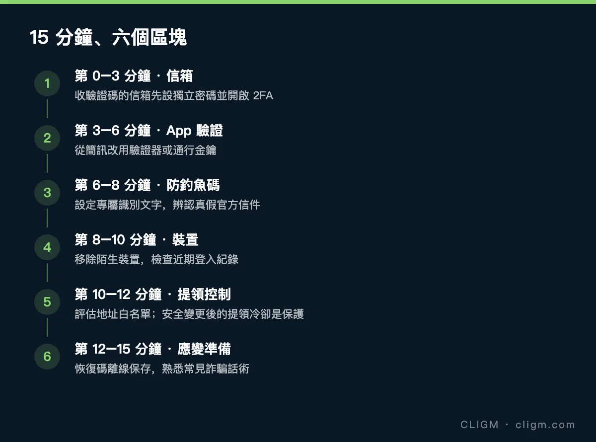 幣安 15 分鐘安全設定時間軸：信箱、App 驗證、防釣魚碼、裝置、提領控制、應變準備