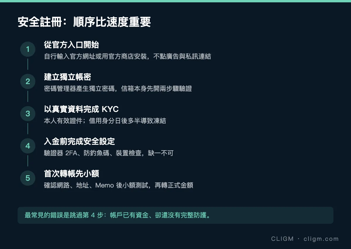 安全註冊幣安帳戶的五個步驟：官方入口、獨立帳密、真實 KYC、入金前安全設定、小額測試
