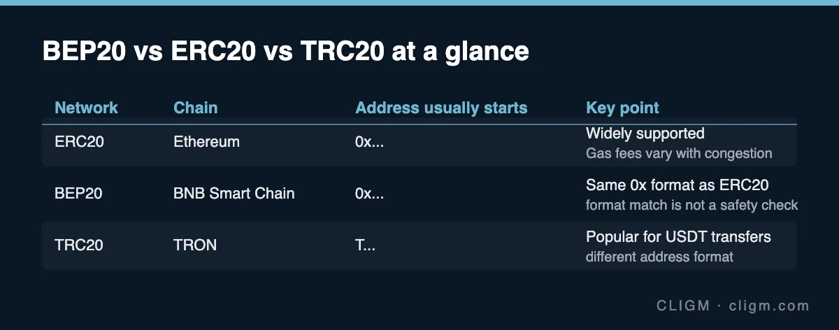 Comparison table of ERC20 on Ethereum, BEP20 on BNB Smart Chain, and TRC20 on TRON, with address formats and key differences